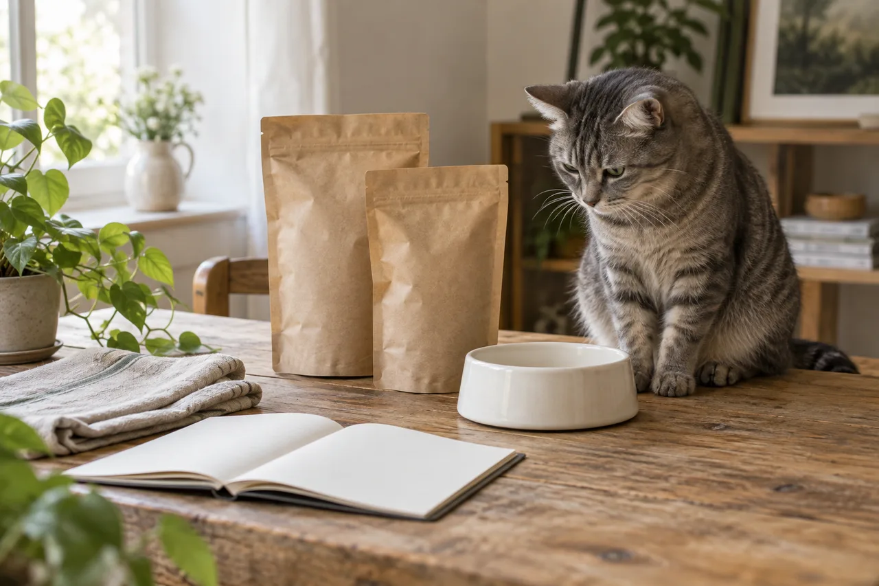 虎斑猫在素色纸袋与陶碗旁