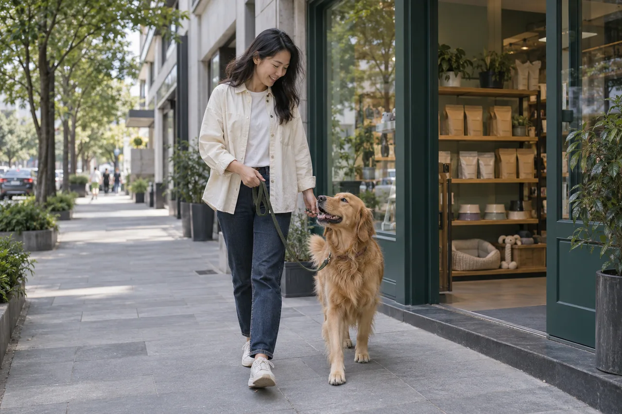 宠物主与金毛犬在示意宠物用品店门外