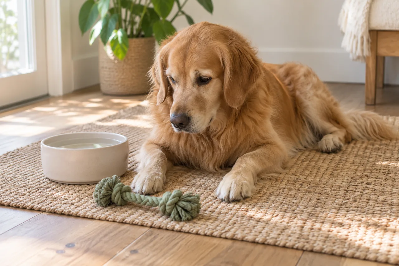 金毛犬在陶碗与软绳玩具旁休息