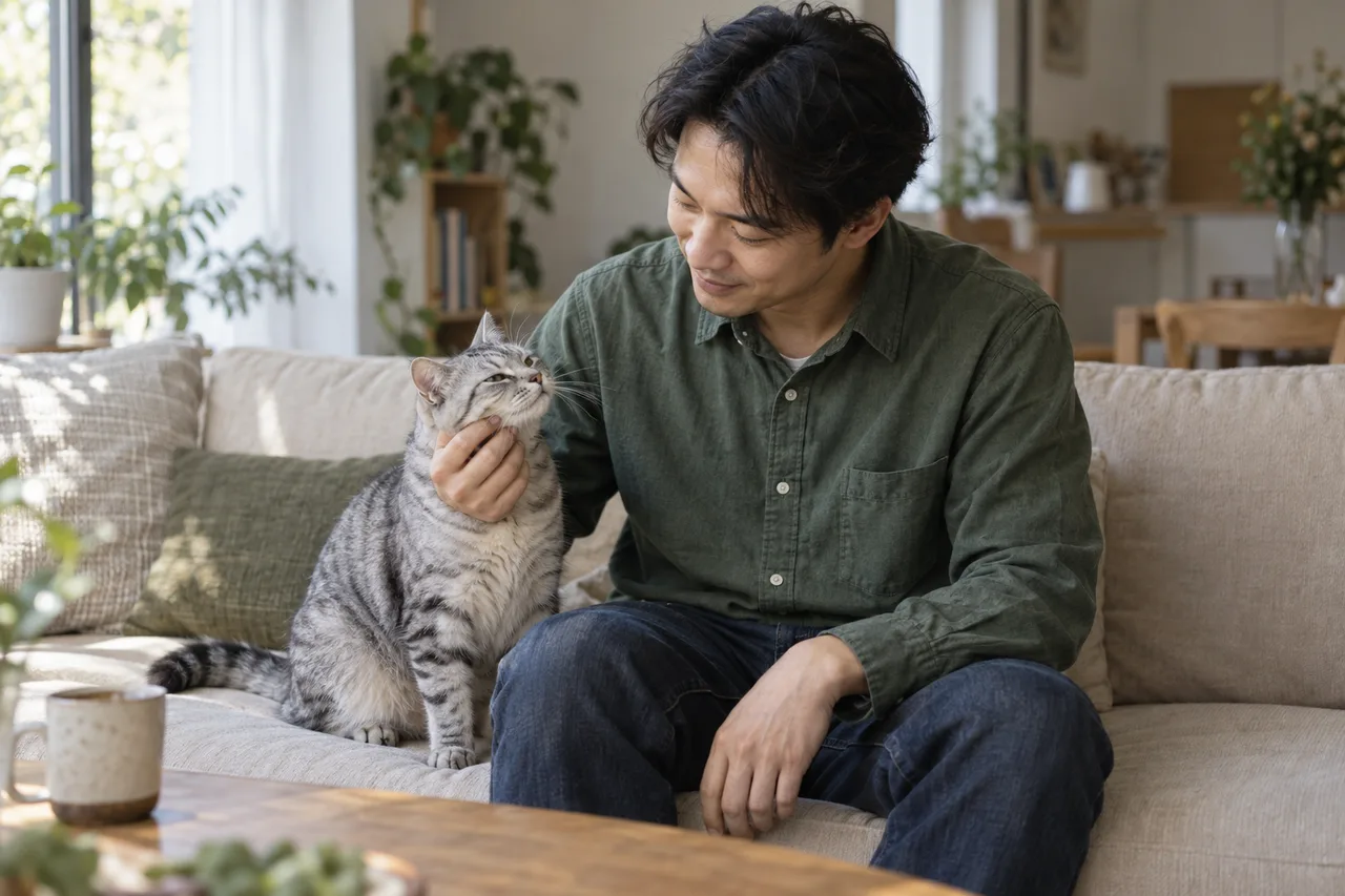 一位男子在家中轻抚虎斑猫