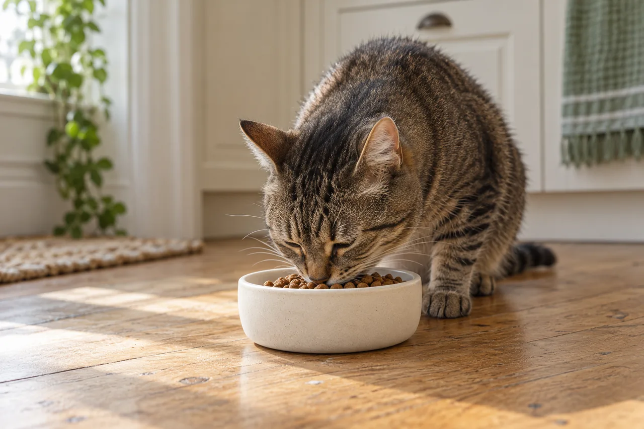 虎斑猫从无品牌陶碗中进食