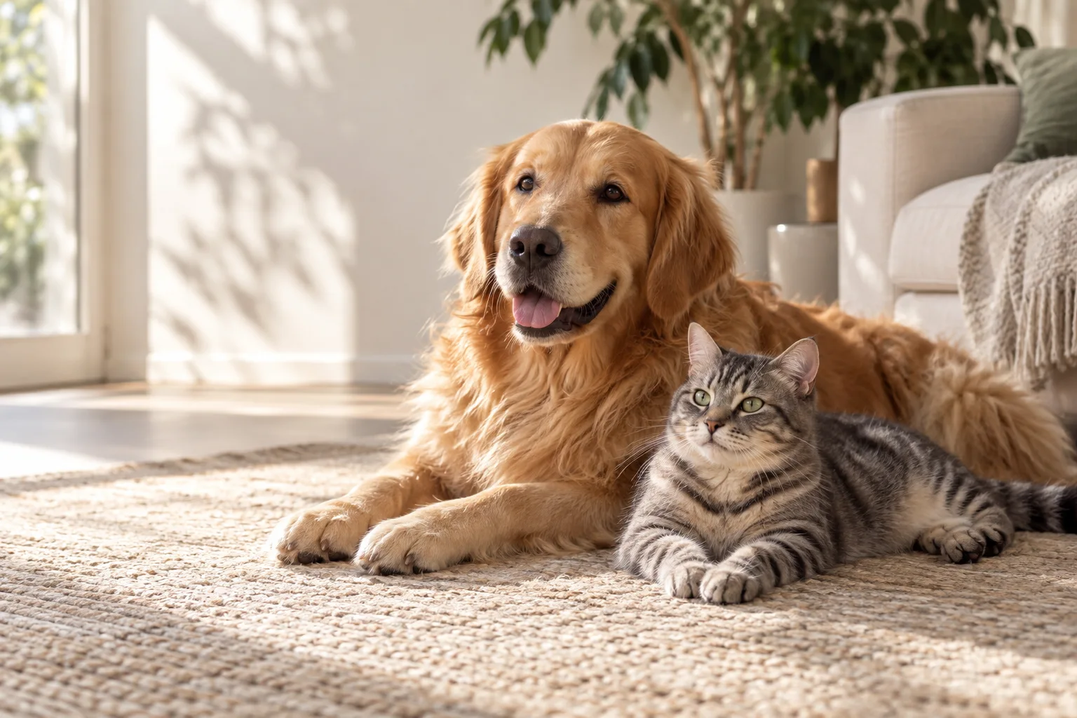 金毛犬与灰色虎斑猫一起在柔和日光中休息